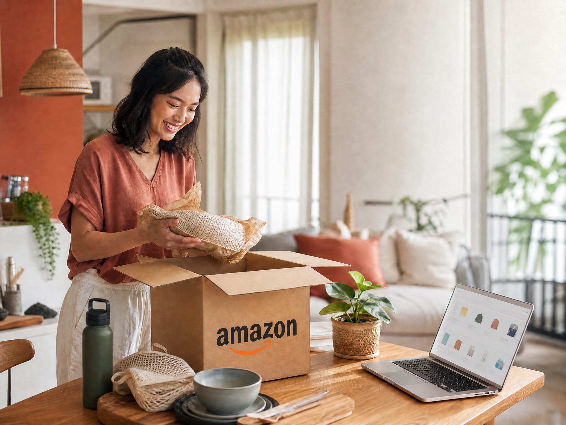 Amazon buyer opens a delivered package at home with a laptop showing the online storefront