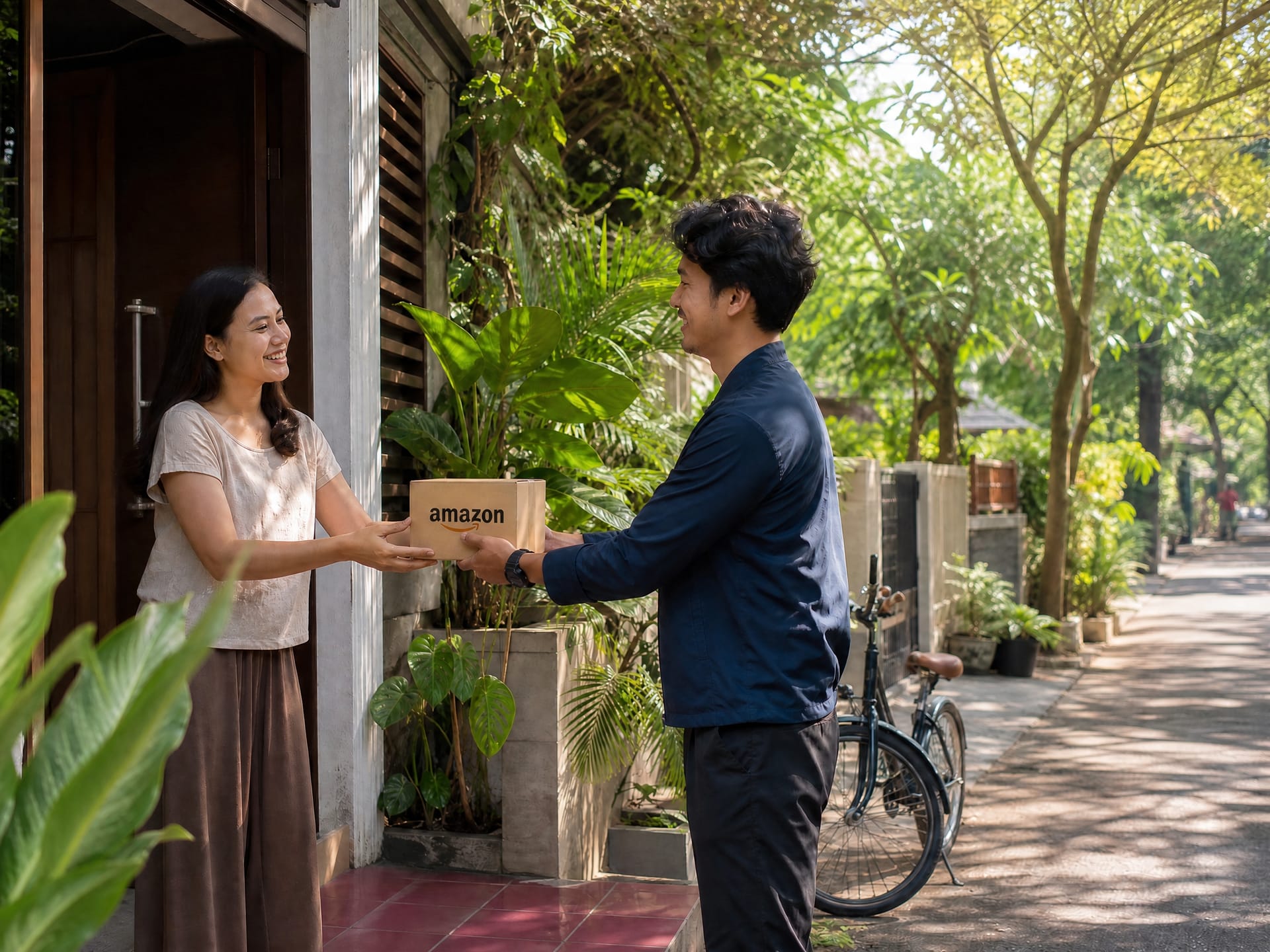 Courier delivering an Amazon package to a buyer as an illustration of cross-border service experience