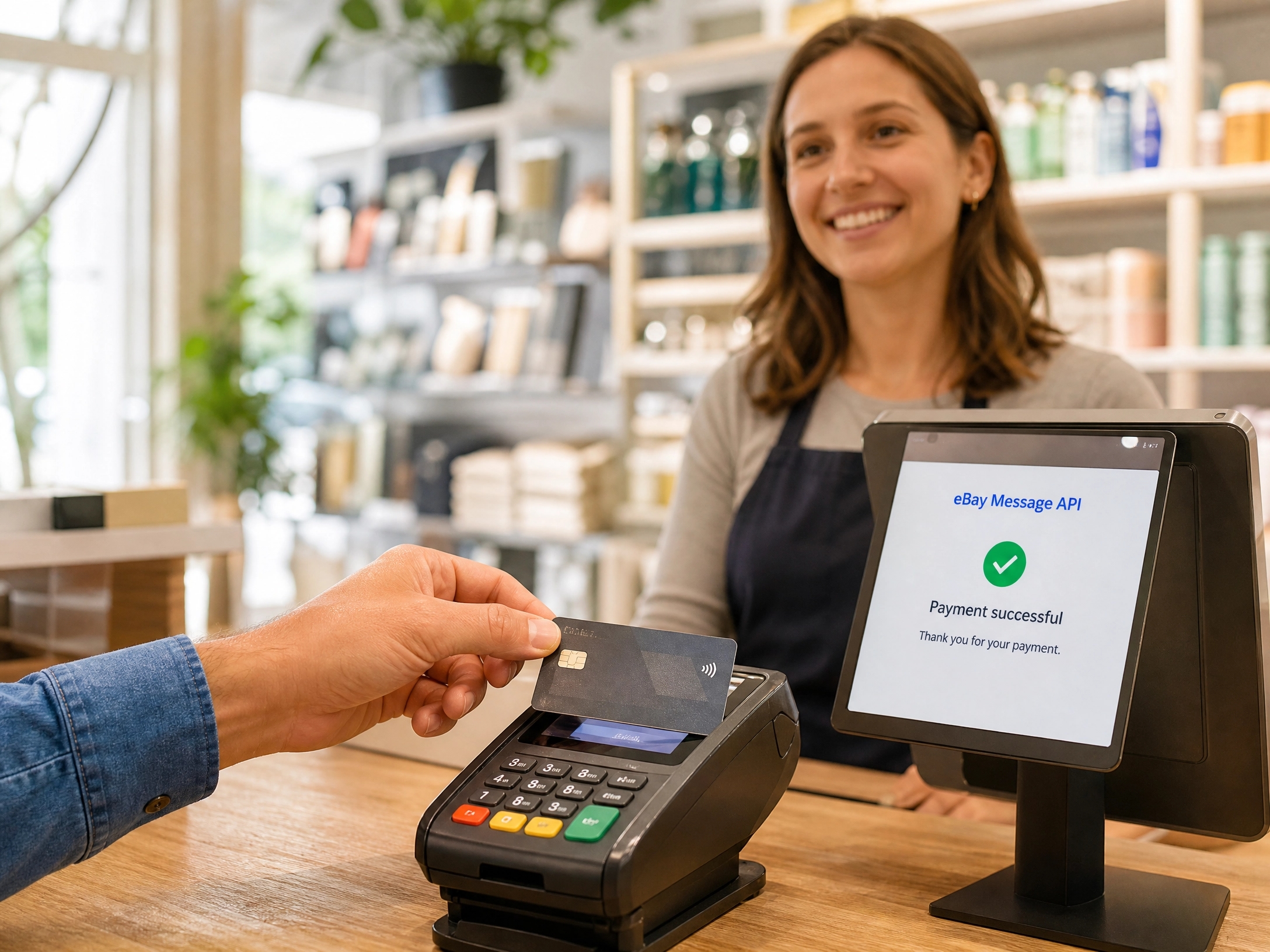 eBay seller completing a transaction while the Udesk eBay Message API syncs buyer messages in real time