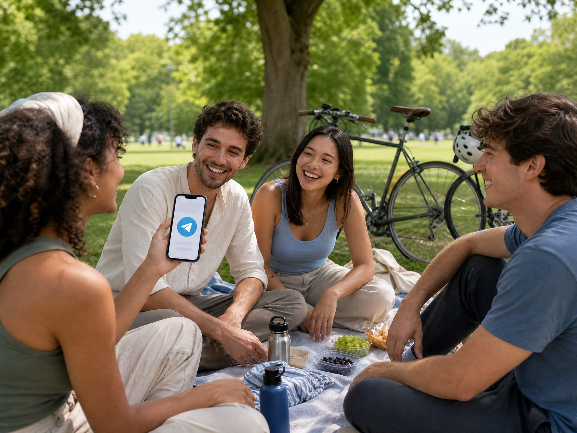 A group of users sharing their Telegram app experience while meeting outdoors