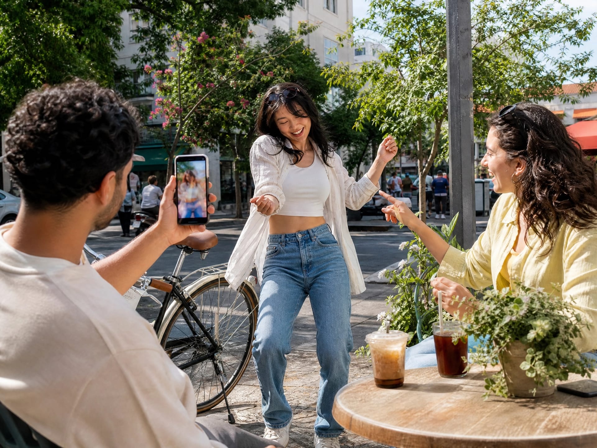 Young creators making TikTok content together at a cafe to promote an online store