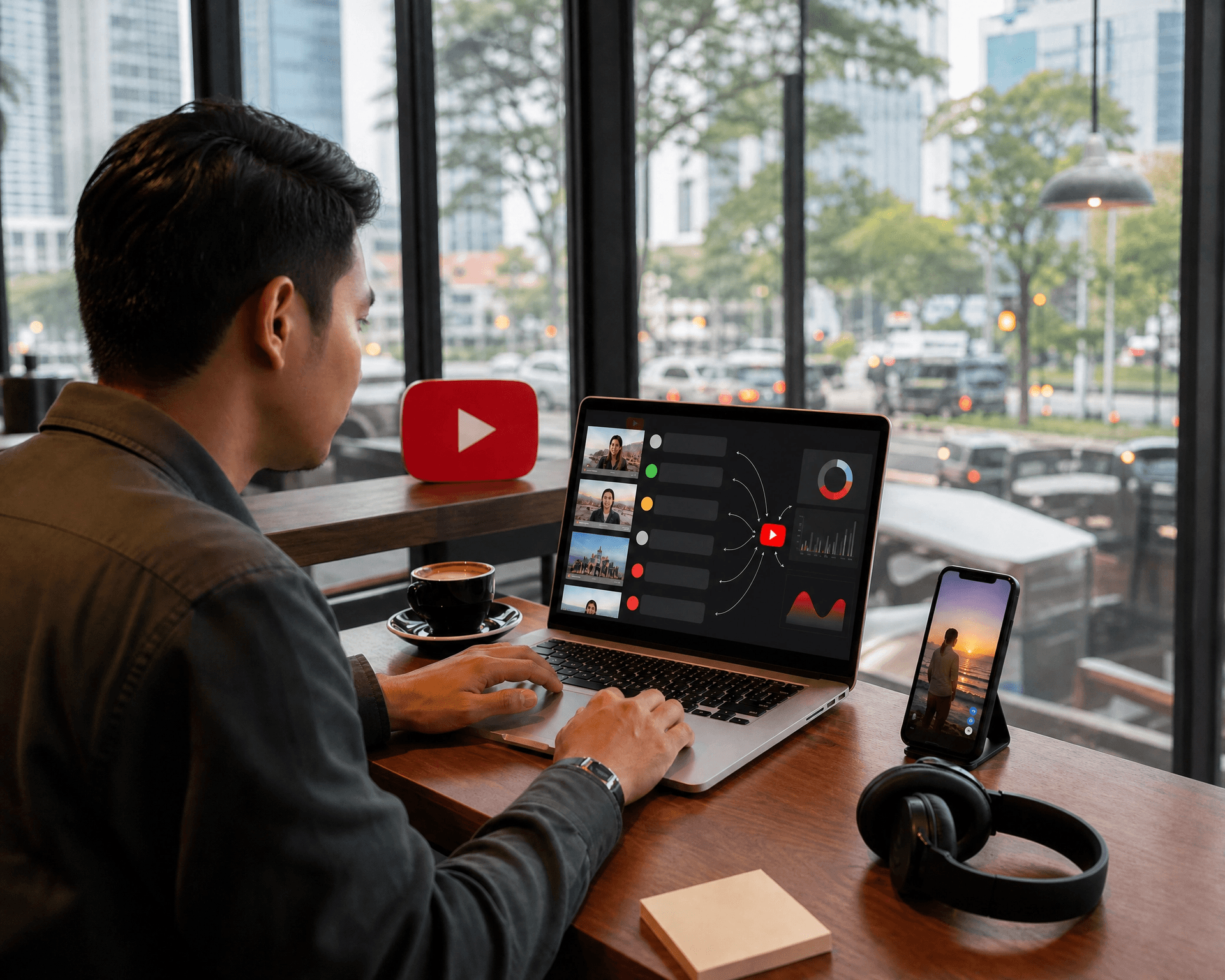 Customer service agent handling YouTube comment inquiries centrally on a laptop