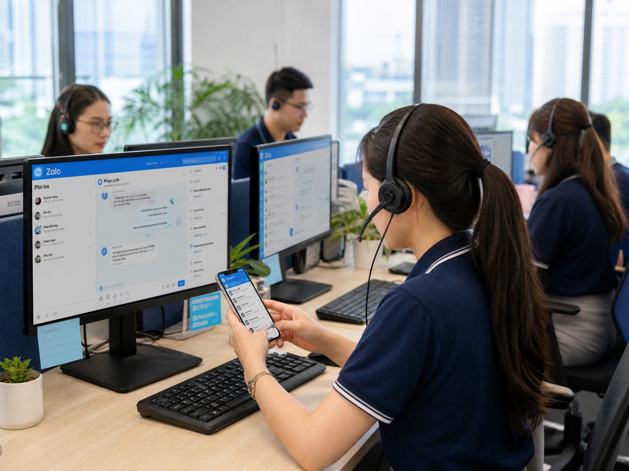 Vietnamese customer service agents handling Zalo conversations on desktop and mobile in a modern contact center