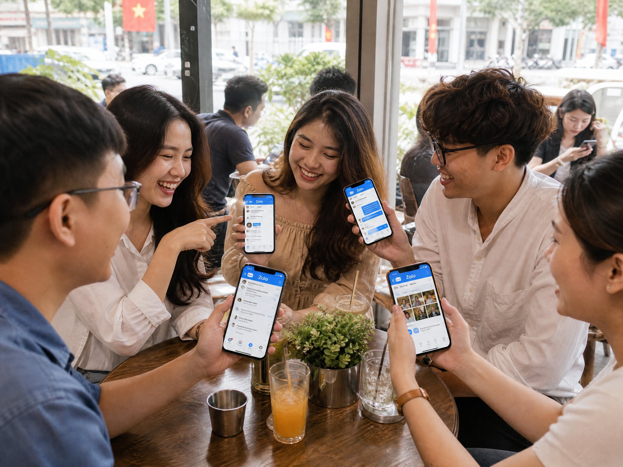 Young Vietnamese consumers chatting on the Zalo app together in a café