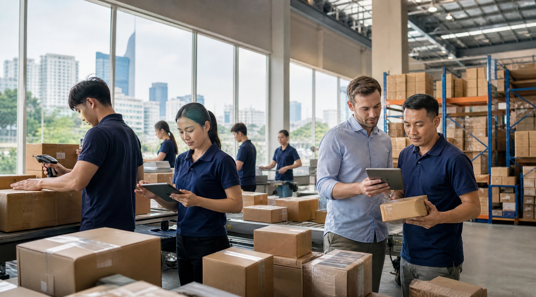 Logistics team scanning and sorting parcels in a cross-border fulfilment warehouse