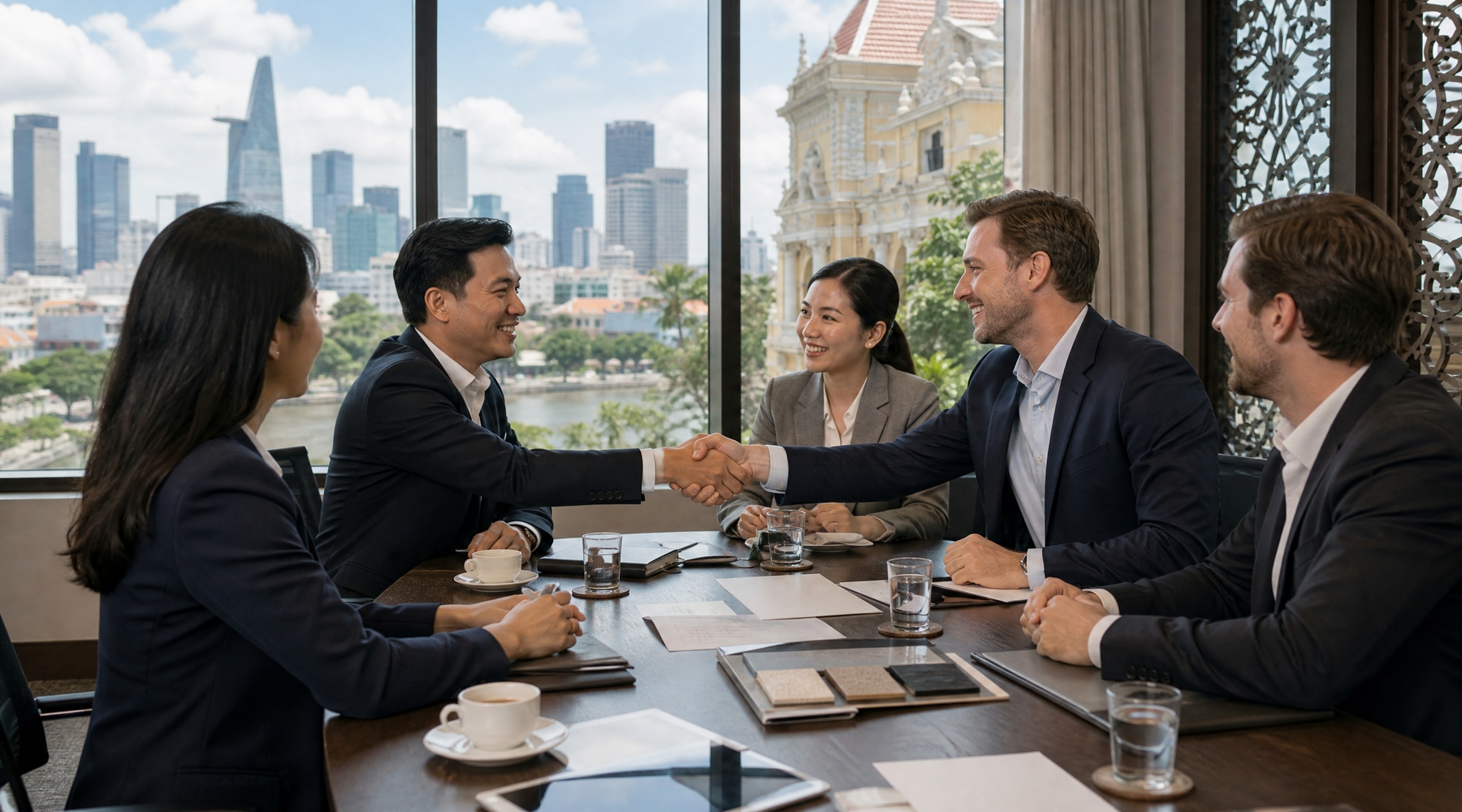 International business team shaking hands during a partnership meeting in Ho Chi Minh City