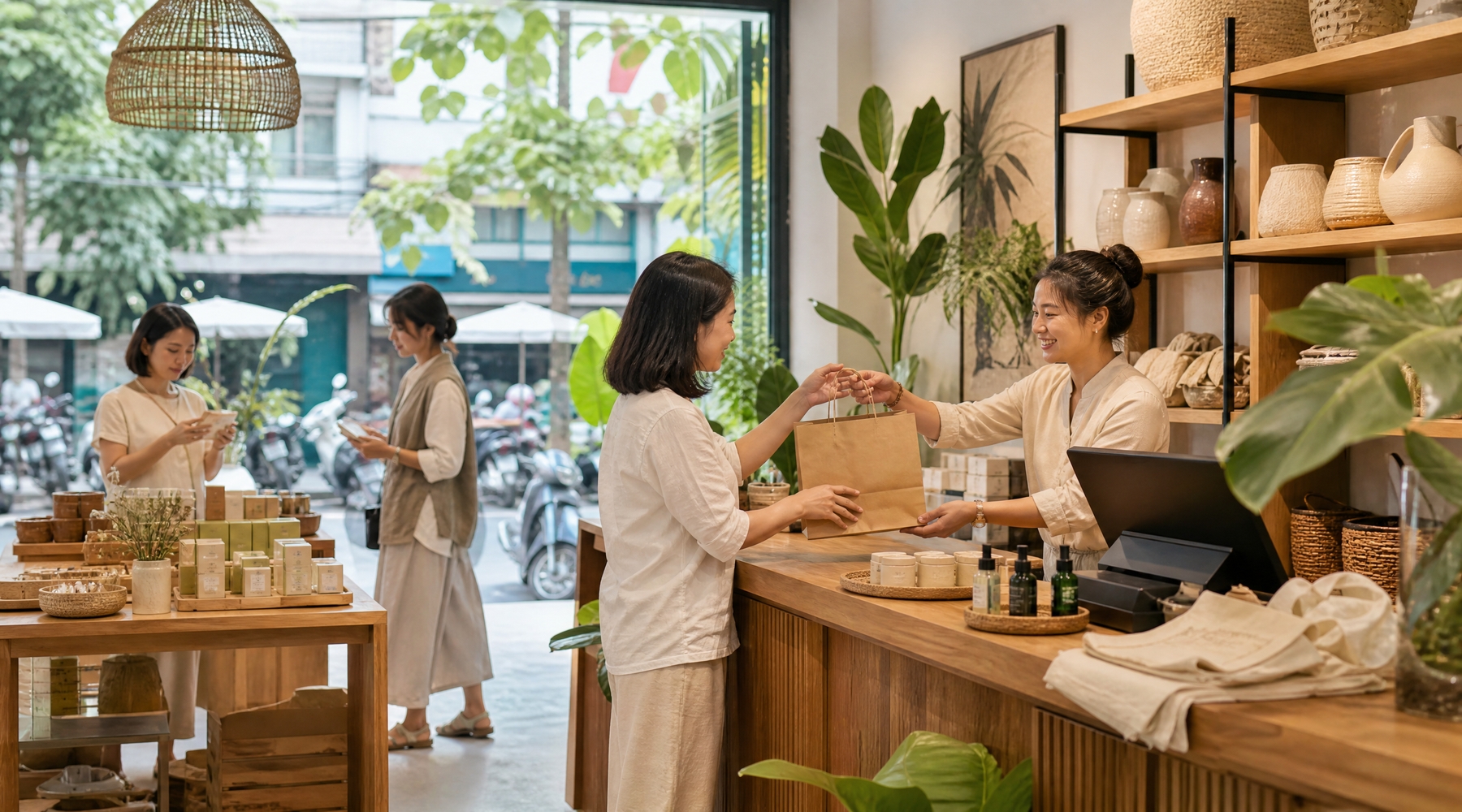 Retail store assistant handing a shopping bag to a customer in a lifestyle boutique in Vietnam